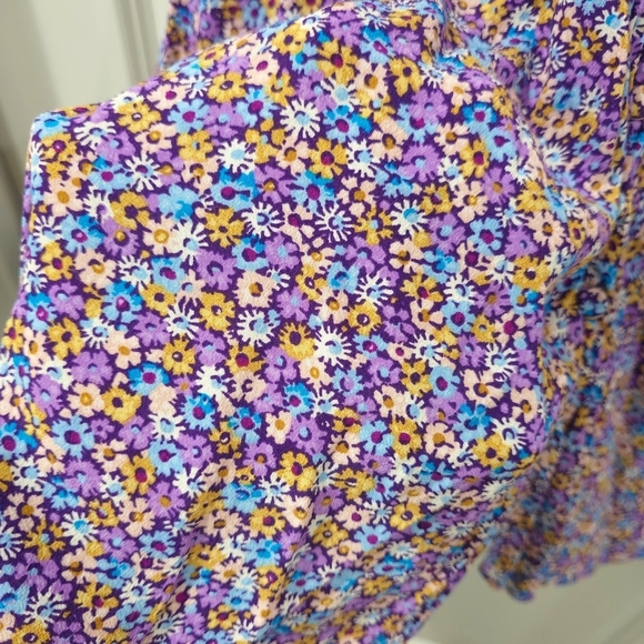 Zara Purple Blue Yellow Floral Puff Smocked Sleeve Sundress Mini, Deep Vneck, S - Picture 14 of 16